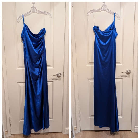 Faeriesty One Shoulder Sleeveless High Slit Blue Maxi Dress Large - Picture 3 of 12